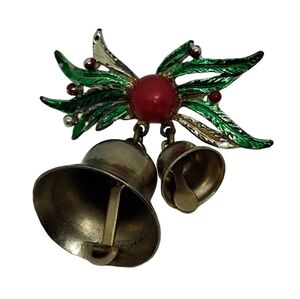 ​Vintage Enamel Holly & Jingle Bells Christmas Brooch Pin